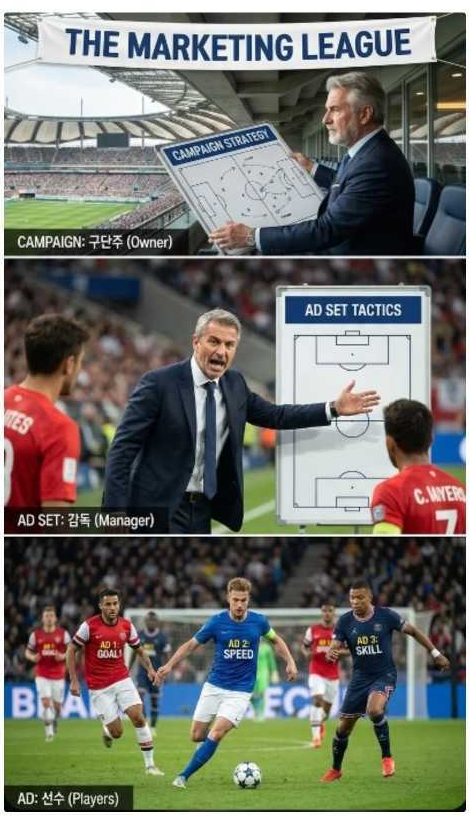 캠페인, 광고세트, 광고를 축구 구단 구조로 설명한 이미지