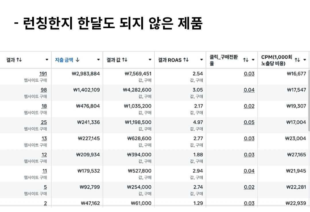 런칭 한 달 미만 제품의 메타 광고 지표 캡처